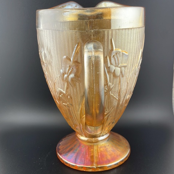 VTG 1965 Jeanette Iridescent Iris Patterned Glass Pitcher (Carnival, Flora Gold) - Picture 3 of 3
